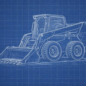 Könnte beinhalten: Blaupausenartige Illustration eines Kompaktladers. Das Bild zeigt eine detaillierte weiße Strichzeichnung des Baufahrzeugs vor einem blauen Rasterhintergrund. Der Lader hat eine Schaufel, Räder und eine Kabine.