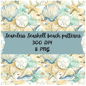 Seamless Seashell Beach Pattern Bundle, Watercolor 300 DPI