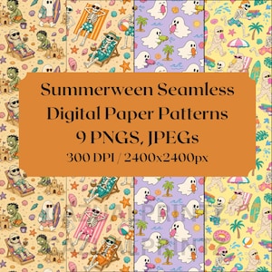 May include: A collection of seamless digital paper patterns featuring Summerween themes with skeletons, mummies, and ghosts on beaches. The text reads: Summerween Seamless Digital Paper Patterns 9 PNGS, JPEGS 300 DPI / 2400x2400px. Colorful summer motifs.