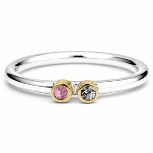 Puede incluir: Un anillo de banda plateada con dos pequeñas piedras circulares engastadas una al lado de la otra. Una piedra es de color rosa vibrante, mientras que la otra es una gema transparente e incolora. Ambas están en monturas doradas sobre el anillo.