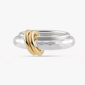 Two Tone Knot Ring 10K Solid Yellow Gold & 925 Silver, Interlocking Band Ring, Minimalist Statement Ring, Handmade Mixed Metal Jewelry Gift