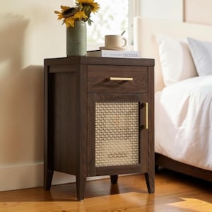 Mid Century Nightstand Set of 2 Walnut Bedside Tables Drawer Cabinet