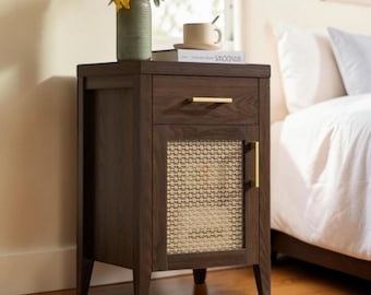 Mid Century Nightstand Set of 2 Walnut Bedside Tables Drawer Cabinet