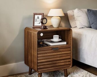 Walnut Nightstand with Charging Station Fluted End Table Drawer Storage