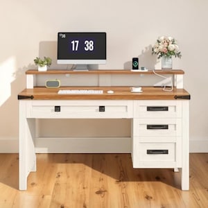 Farmhouse Executive Desk with Drawers Charging Station Home Office Writing Table
