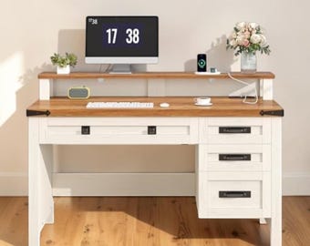 Farmhouse Executive Desk with Drawers Charging Station Home Office Writing Table