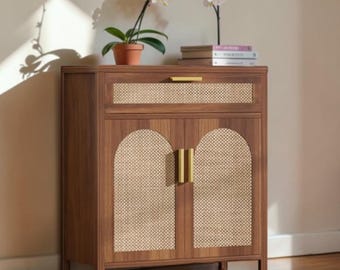Rattan Buffet Cabinet Walnut Coffee Bar Storage Sideboard with Drawer Shelves