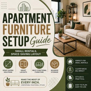 May include: Apartment furniture setup guide with text and icons. The guide promotes space-saving solutions, smart layouts, multi-functional furniture, and maximizing storage. The guide is for small rentals and includes a living room scene.