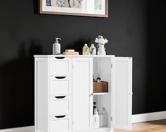 Wooden Bathroom Floor Cabinet 4 Drawers Double Doors Freestanding Storage White