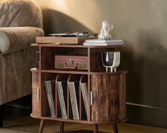 Mid Century Record Player Stand Vinyl Storage Cabinet Charging Station Wood