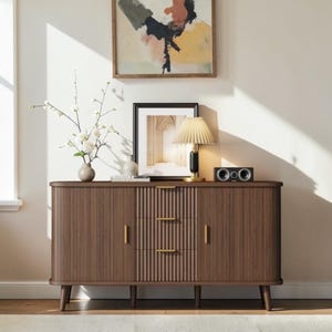 Walnut Sideboard Buffet Cabinet Sliding Tambour Doors Storage Console Bar Unit