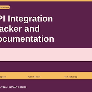 May include: A digital download template titled API Integration Tracker and Documentation on a dark purple background. It features a light pink horizontal bar and a yellow navigation bar with the labels Endpoint register, Auth checklist, and Test status log.