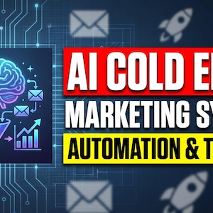 Op de afbeelding: Digitale afbeelding met de tekst "AI COLD EMAIL MARKETING SYSTEM: AUTOMATION & TUTORIAL" in rood en geel. Een illustratie van een hersen, enveloppen en een trechter staat links. De achtergrond is een blauw printplaatontwerp.