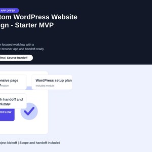 May include: A digital service offer for a Custom WordPress Website Design Starter MVP. The graphic features text including Custom App Offer, Responsive page design, WordPress setup plan, Launch handoff and content map, and Digital project kickoff.