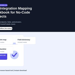 May include: A digital download workbook for API integration mapping in no-code projects. The dark blue header displays the title and features modules for an endpoint map, field dictionary, and test checklist, with a purple workflow button and checkmark.