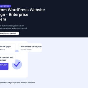May include: A digital service graphic for a custom WordPress website design enterprise system. It features text headers, a workflow button, a checkmark icon, and modules for responsive page design, WordPress setup, and launch handoff.