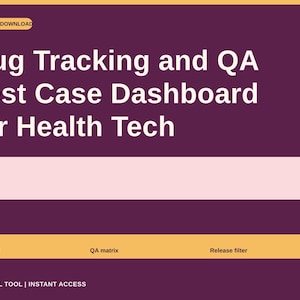 Könnte beinhalten: Ein digitales Dashboard für Bug-Tracking und QA-Testfälle im Bereich Gesundheitstechnologie. Die violette Oberfläche enthält ein hellrosa rechteckiges Feld und eine gelbe Navigationsleiste mit den Beschriftungen Bug board, QA matrix und Release filter.