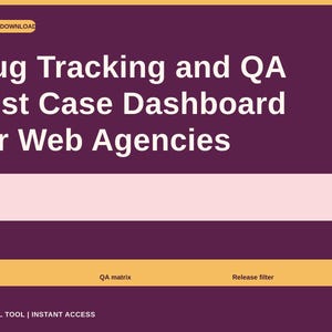 Könnte beinhalten: Ein digitales Dashboard für Bug-Tracking und QA-Testfälle mit dunkelviolettem Hintergrund und weißem Text. Es enthält einen hellrosa horizontalen Balken und eine gelbe Navigationsleiste mit Bug board, QA matrix und Release filter.
