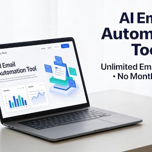 May include: A laptop displaying an "AI Email Automation Tool" interface. The screen shows charts and graphics related to email marketing. Text on the screen reads "Unlimited Email Sending - No Monthly Fees."