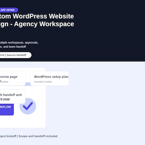 May include: A digital graphic for a custom WordPress website design agency workspace. It features text including Custom WordPress Website Design, Agency Workspace, Responsive page design, WordPress setup plan, Launch handoff and content map, and Workflow.