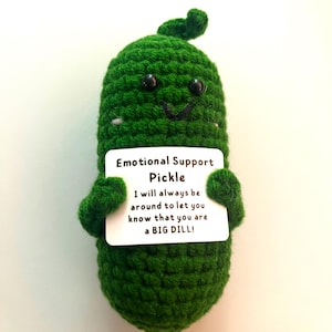 Könnte beinhalten: Eine grüne gehäkelte Gewürzgurke mit einem kleinen Stiel oben, schwarzen Perlenaugen und einem gestickten Lächeln. Sie hält eine weiße rechteckige Karte mit der Aufschrift: Emotional Support Pickle. I will always be around to let you know that you are a BIG DILL!