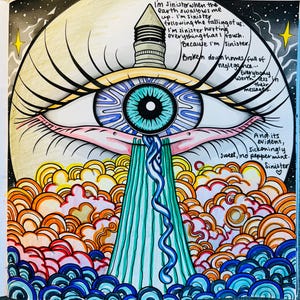 May include: A colorful illustration featuring a large eye with a teal iris and long eyelashes. The eye is set against a backdrop of a moon and a starry sky. The image includes text that reads "I'm sinister" and other phrases. The artwork has a psychedelic vibe.
