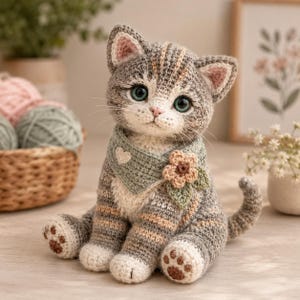Puede incluir: Una figura de gato atigrado gris y blanco tejida a ganchillo con grandes ojos verdes, que lleva un pañuelo verde salvia con un pequeño corazón blanco y una flor color melocotón con hojas verdes. El gato tiene patas blancas con almohadillas marrones.
