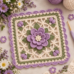 May include: A square crochet motif featuring a large, layered lavender flower at the center, surrounded by a cream-colored lattice pattern, green leaves, and small lavender buds. The border is a scalloped lavender edge with a cream and green trim.