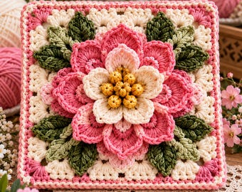 May include: A square crochet motif featuring a large, dimensional flower with layered pink and cream petals and a textured yellow center. The flower is surrounded by dark green crocheted leaves, set against a cream-colored background with a pink border.
