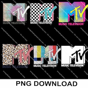 以下が含まれることがあります： MTVロゴの6つの異なるデザインのコレクション。それぞれにユニークな配色とパターンがあります。ロゴには、市松模様、ヒョウ柄、レトロなカラーグラデーションが含まれています。「MUSIC TELEVISION」の文字が各ロゴの下に表示されています。
