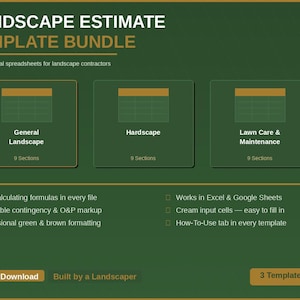 Könnte beinhalten: Grüne und braune Grafik, die ein Landschafts-Kostenvorlagenpaket bewirbt. Das Bild zeigt drei Tabellenkalkulationsvorlagen: Allgemeine Landschaft, Hartlandschaft und Rasenpflege & Wartung. Text hebt Funktionen wie automatische Formeln und Excel-Kompatibilität hervor.
