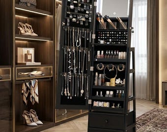 Full Length Mirror Jewelry Armoire, Standing Storage Cabinet with Wheels, Organizer Shelves