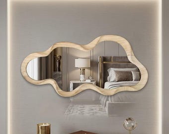 Cloud Wavy Mirror with Wooden Frame Modern Artistic Mirror for Bedroom Living Room