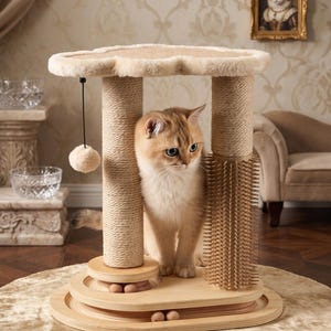 May include: A cat tree with a beige plush top platform, two sisal-wrapped scratching posts, a hanging plush ball toy, and a plastic grooming brush attachment. The base is made of light wood and features a track with small wooden balls for play.