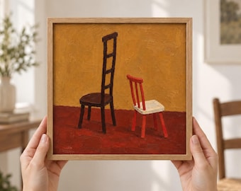 Two Different Chairs Against A Golden Wall, Minimal Folk Still Life In Rust And Cream, Small Framed Oil Painting For Eclectic Homes