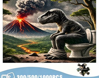 Lustiger Dinosaurier Auf Toilette Puzzle (300/500/1000 Teile). Humor Dekor, Vulkan Dinosaurier Puzzle, Geschenk für Dinosaurier-Liebhaber, lustiges Vatertagsgeschenk