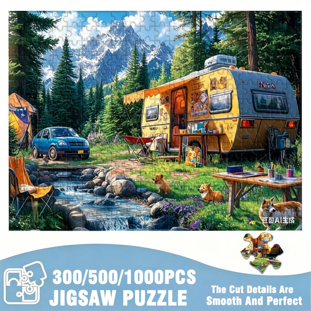 Shape Puzzle Rv Mountain RV Camper Corgi Adventure Jigsaw Puzzle (300/500/1000pcs ...