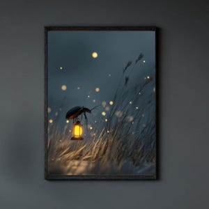 May include: A framed art print depicts a surreal scene of a beetle carrying a glowing lantern in a field of tall grass. The artwork features a dark, moody color palette with soft, glowing light effects, creating a whimsical and atmospheric feel.
