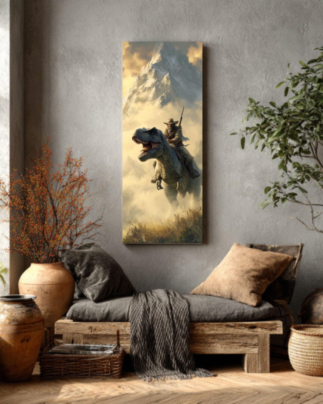 Cowboy Riding T-rex Canvas, Western Dinosaur Mountain Art, Surreal ...