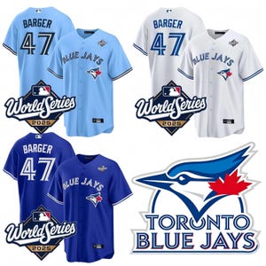 May include: Three Toronto Blue Jays baseball jerseys in light blue, white, and blue. Each jersey features the name "BARGER" and the number "47". The "World Series 2025" logo is displayed. The Blue Jays logo is also visible.