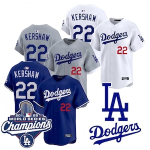 May include: Assortment of Los Angeles Dodgers baseball jerseys. Jerseys are white, gray, and blue, with "Dodgers" or "Kershaw 22" printed on them. A "World Series Champions" emblem is also visible.