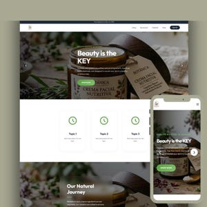 May include: A website mockup featuring a jar of facial cream with the text "Beauty is the KEY." The cream jar is labeled "TÁNICA CREMA FACIAL NUTRITIVA" and "BOTÁNICA CREMA FACIAL NUTRITIVA." A mobile phone displays the website design, showcasing the product.