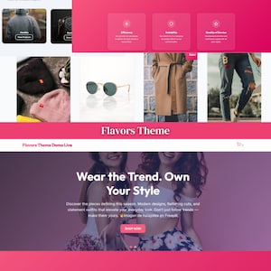 May include: A website layout with a pink and white color scheme. The top section features product thumbnails, while the middle showcases a variety of items, including sunglasses, a coat, and jeans. The bottom section has the text "Wear the Trend. Own Your Style."