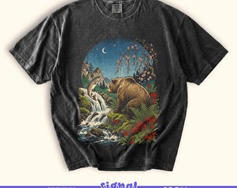 Japanese Bear & Salmon Tee - Ukiyo-e Landscape Graphic T-Shirt