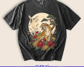 Japanese Tiger & Crane Tee - Ukiyo-e Tattoo Wildlife Graphic T-Shirt