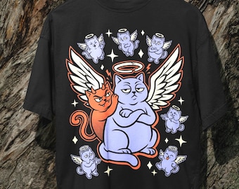 Angel & Devil Cat Tee - Funny Retro Grumpy Angel Graphic T-Shirt Gift