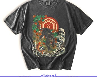 Japanese Panther & Koi Fish Tee - Ukiyo-e Tattoo Graphic T-Shirt