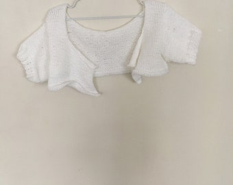 BOLERO WHITE: White Hand Knitted Acrylic Short Sleeve Cropped Jacket Size UK S