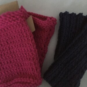 BLUE PINK HANDWARMERS: Denim Navy Acrylic Rib Knit Fingerless Mittens 18 cm by 7 cm Size Ladies M Stretchy Fuchsia Pair 10 cm by 15 cm M