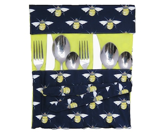 Navy and Yellow Bees Fabric Reusable Utensil Roll Up Travel Bag Pouch, Picnic Cutlery Wrap, Paint Brush Holder, BBQ, Washable Zero waste